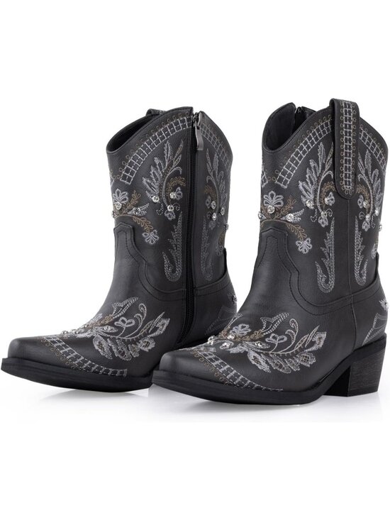 Shoes - Women's Charcoal Embroidered Cowgirl Chunky Heel Side Zipper Western Booties